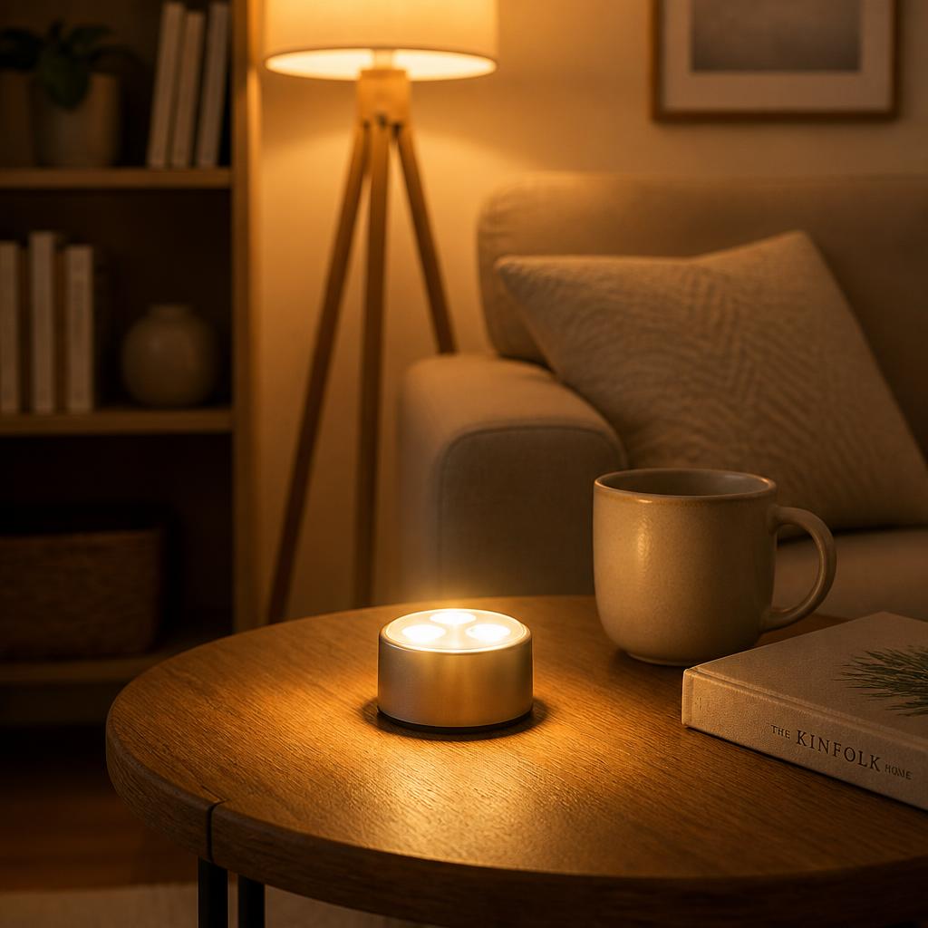 Living room warmly lit by the Lumio lamp
