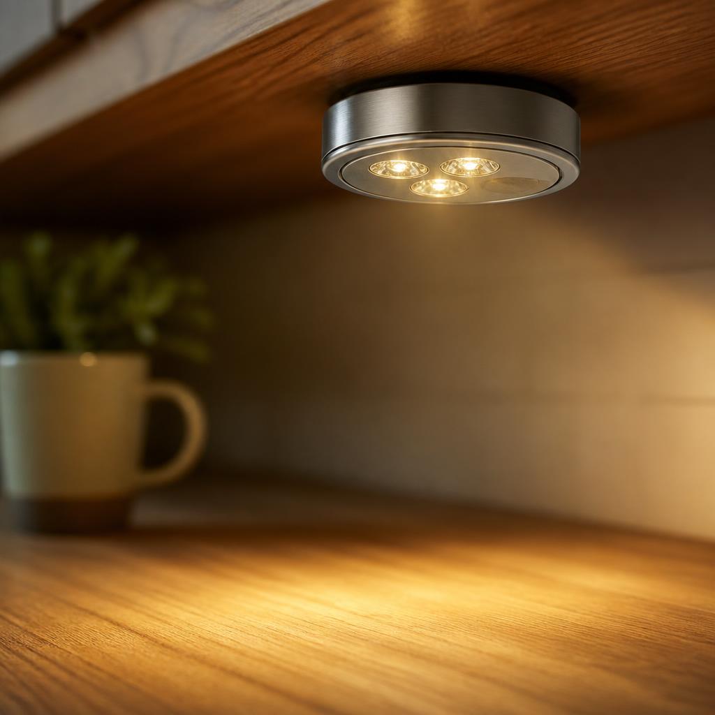 Lumio lamp mounted under a kitchen cabinet casting warm light on a wood countertop