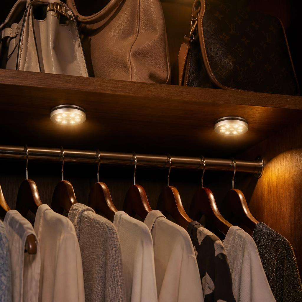 Two Lumio lamps glowing inside a dark wooden wardrobe